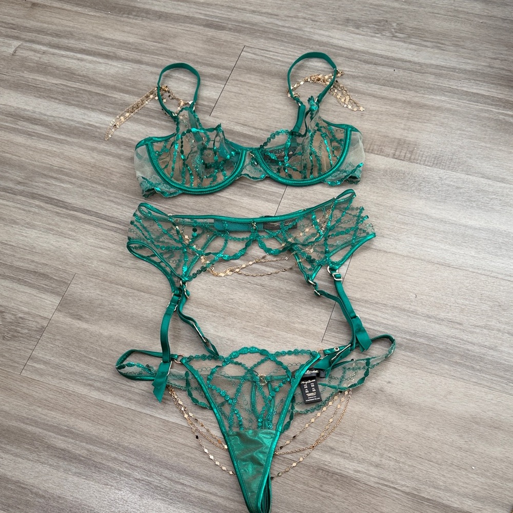 Honey Birdette Green Lace Bra Set